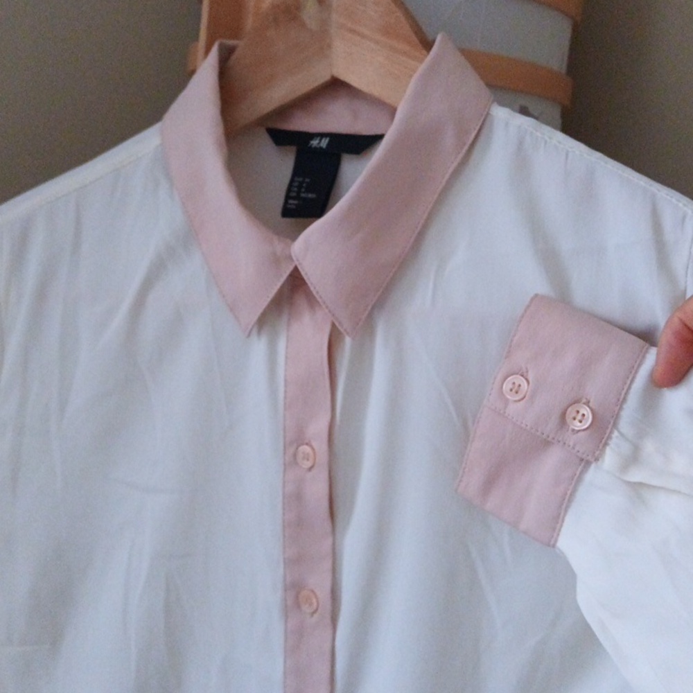 🪇2for$15 Ptp 17" H&M Cream and Pink Casual Button Down Shirt - Picture 8 of 10